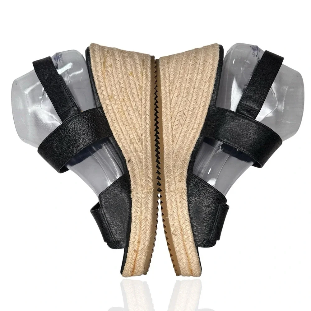 NEW Eileen Fisher 8.5 Winnie Tumbled Black Leather Espadrille Wedge‎ Sandals